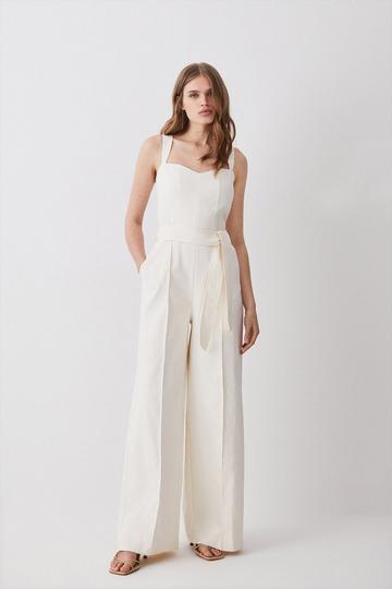 Petite Sweetheart Neckline Belted Tailored Jumpsuit ivory
