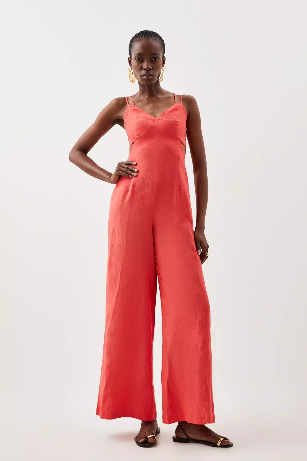 Tailored Linen Strappy Cut Out Detail Wide Leg Jumpsuit | Karen Millen