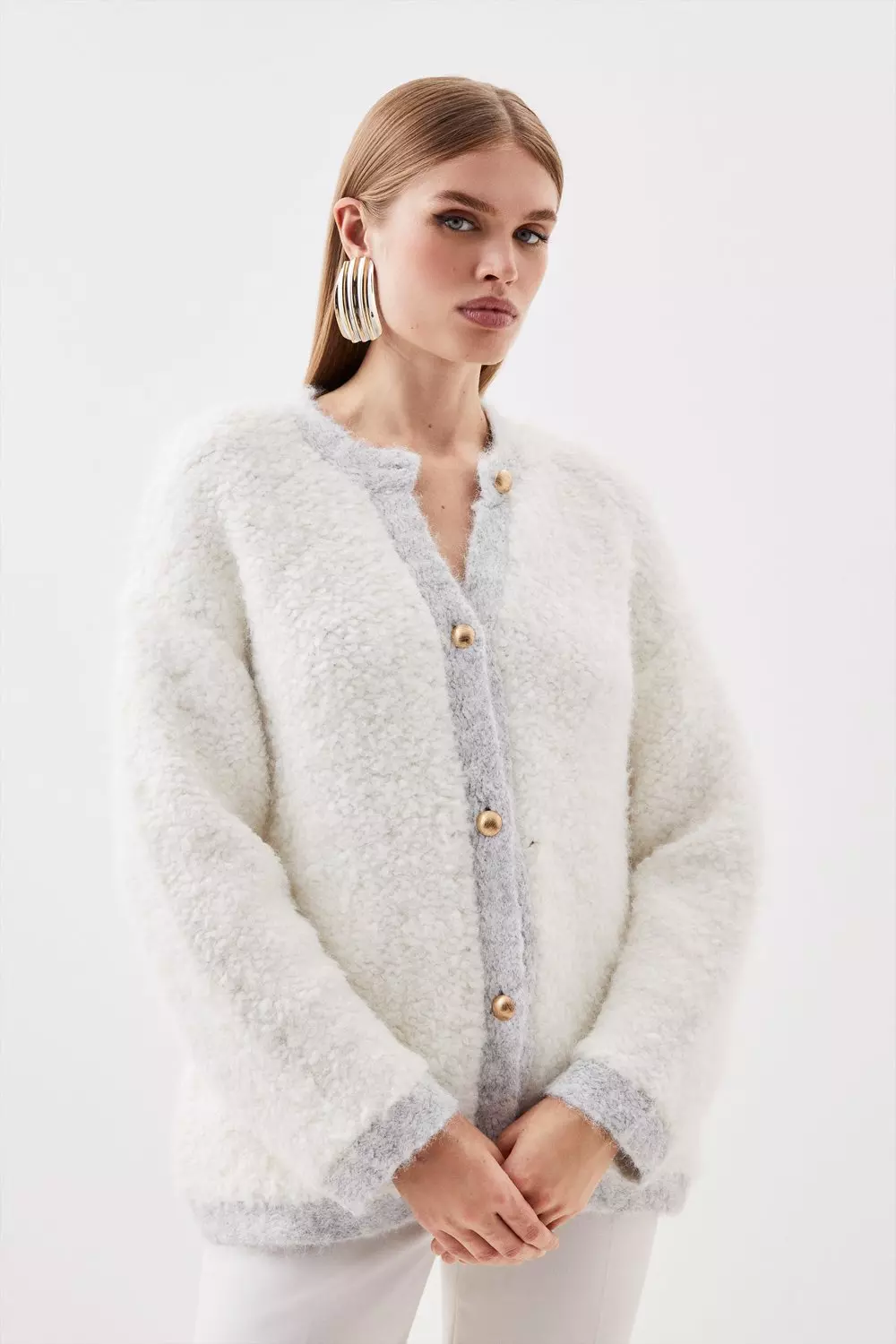 Wool Blend Loopy Textured Knit Jacket | Karen Millen