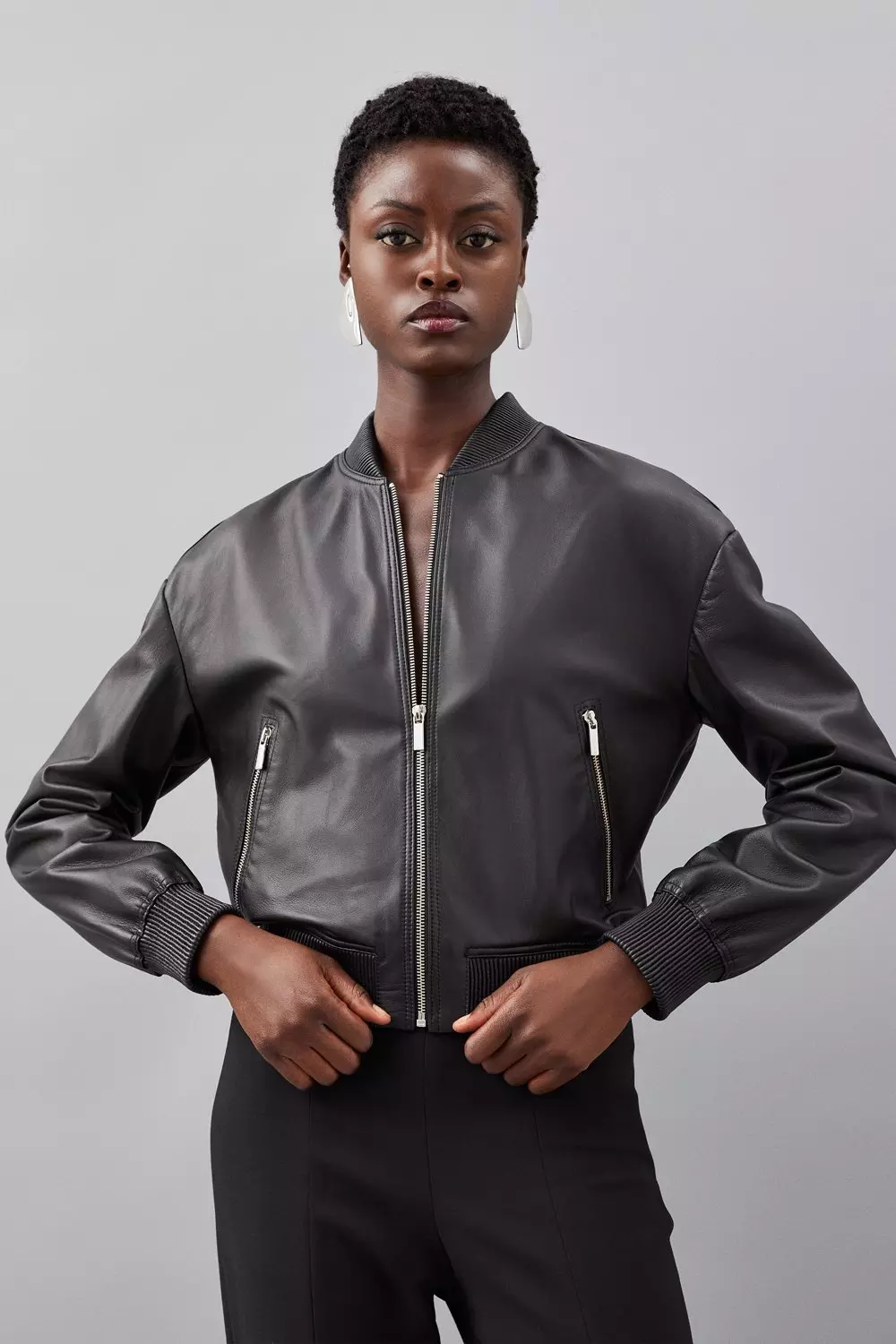 Leather Zip Through Bomber Jacket | Karen Millen