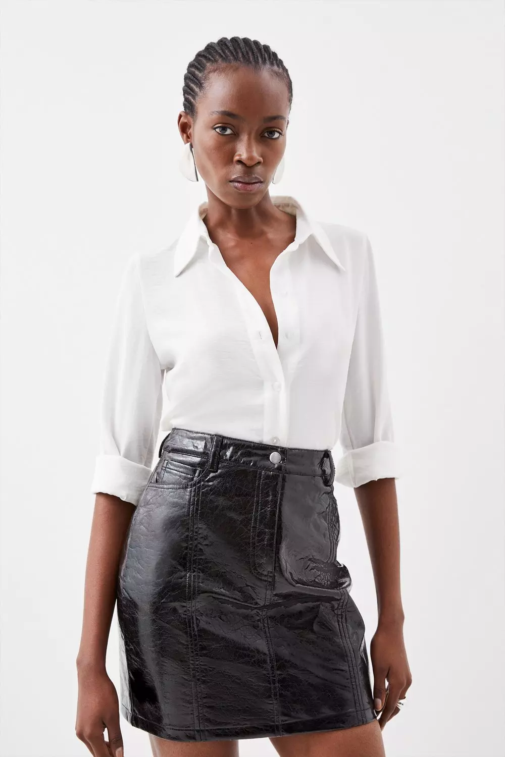 White faux leather shop skirt and top