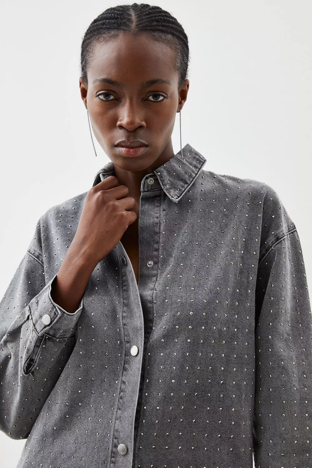 Embellished denim sale shirt