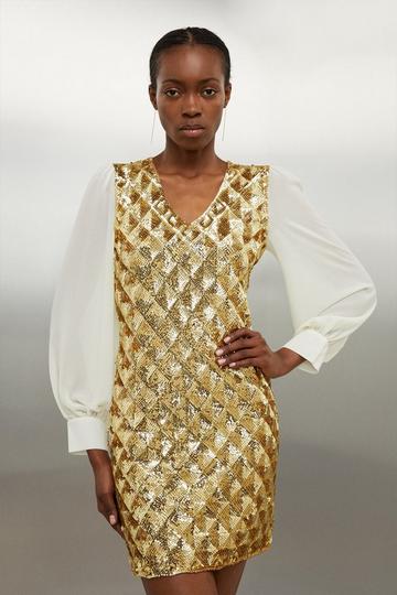 Gold Metallic Viscose Blend Embellished Sheer Sleeve Knit Dress