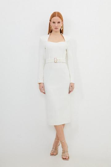 Cream White Bandage Figure Form Knit Belted Midi Dress
