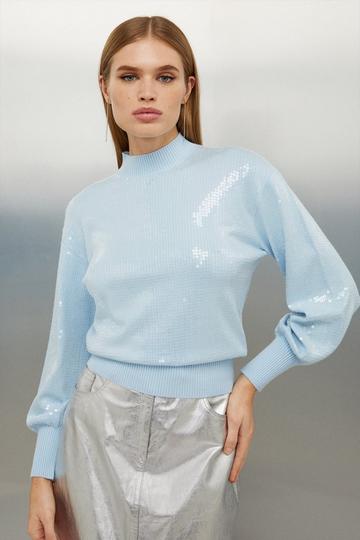 Blue Viscose Blend Sequin Knit Cropped Sweater