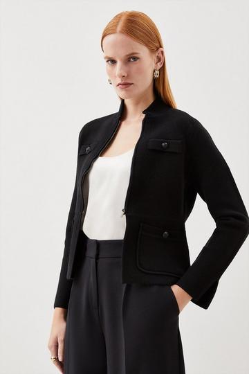 Black Compact Wool Blend Knit Sleeve Jacket