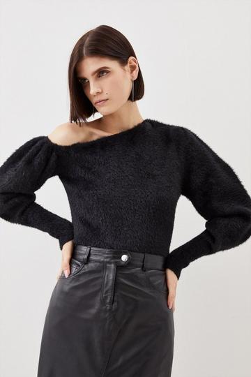 Black Eyelash Knit Drop Shoulder Sweater