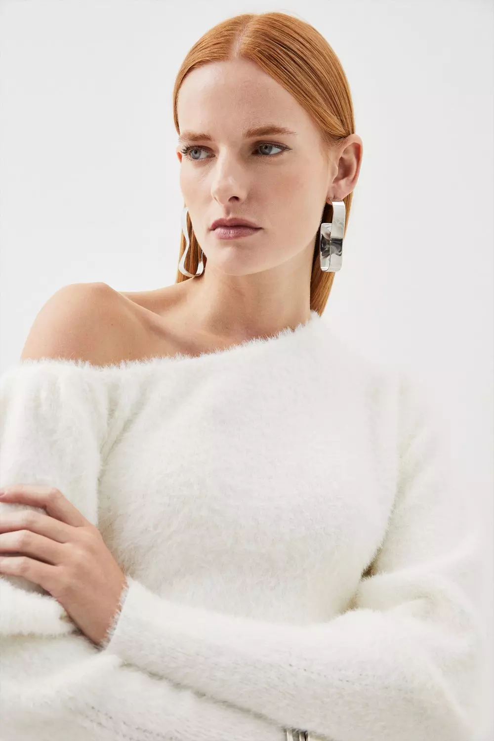 White fluffy off sale the shoulder sweater