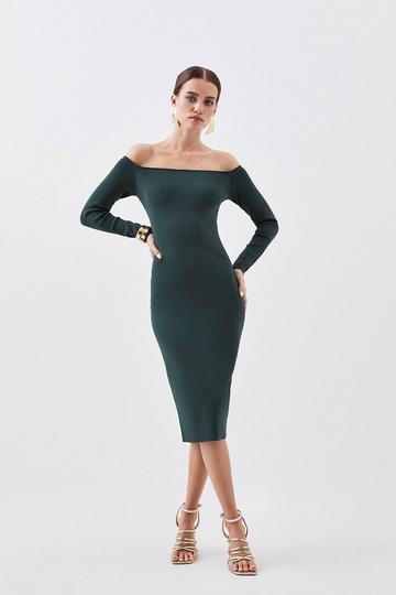 Petite Premium Viscose Blend Body Contouring Bardot Knit Midi Dress green