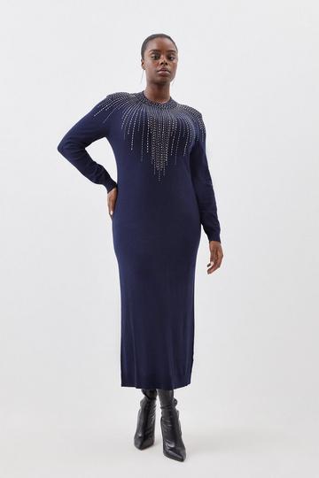 Plus Size Viscose Blend Embellished Knit Midi Dress navy