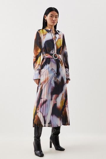 Marble Print Pleated Georgette Maxi Woven Shirt Dress multi
