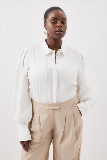 Plus Size Premium Viscose Crepe Statement Sleeve Collared Woven Blouse ivory