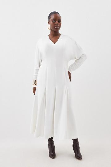 Plus Size Premium Viscose Crepe V Neck Long Sleeve Woven Midi Dress ivory