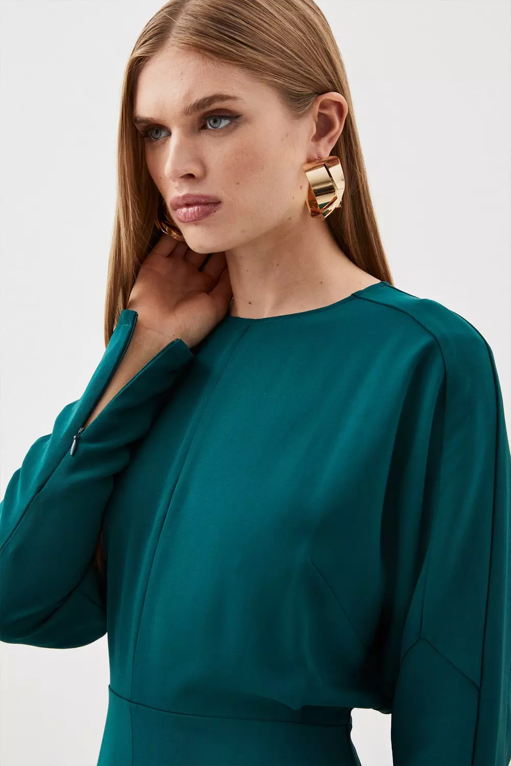 Tall Premium Woven Viscose Crepe Long Sleeve Midi Dress | Karen Millen