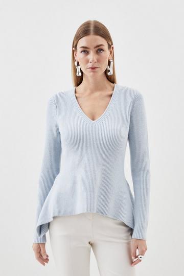 Blue Viscose Blend Dip Hem Knit Sweater