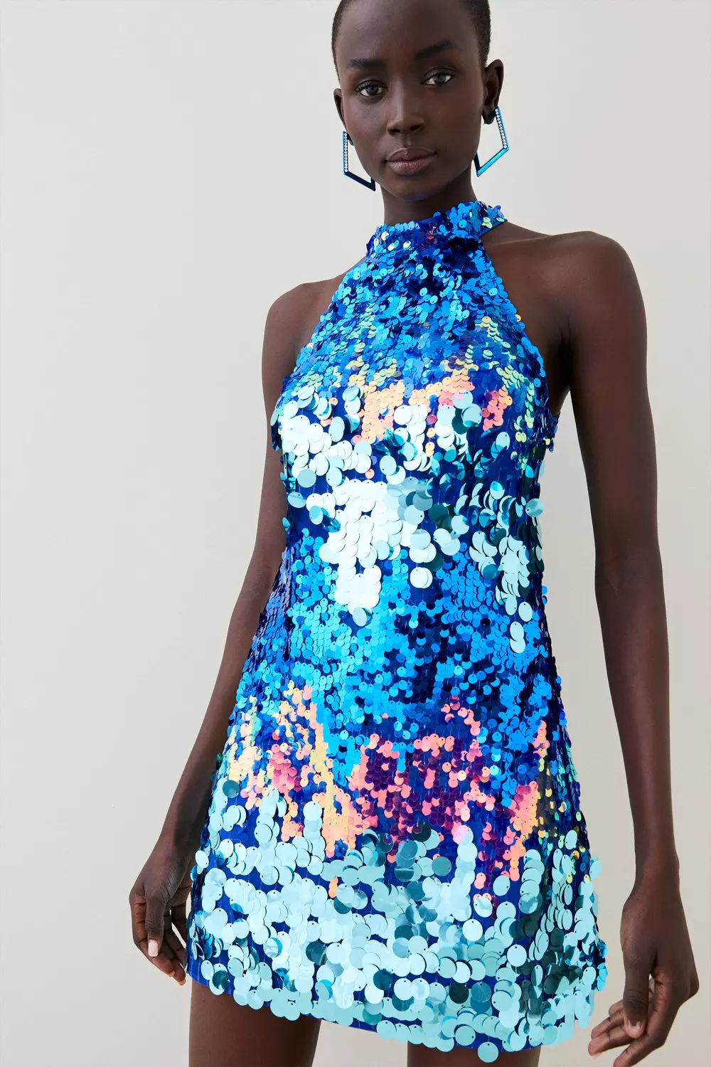 Tall Disc Sequin Halter Neck Woven Mini Dress | Karen Millen