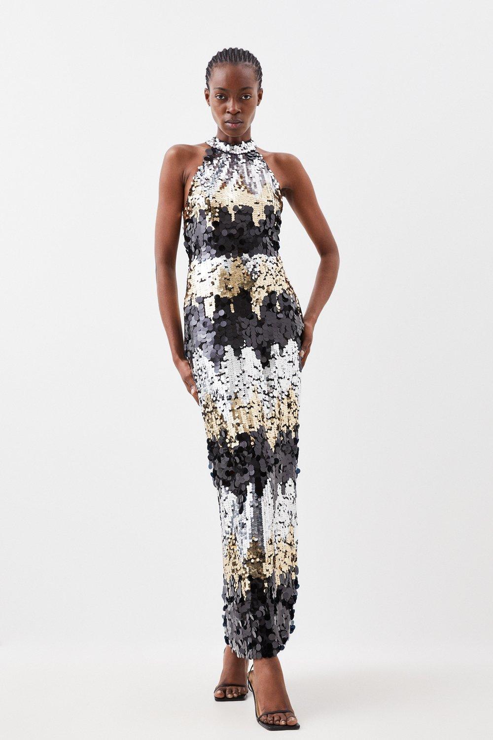 Sequin Halter Woven Midi Dress