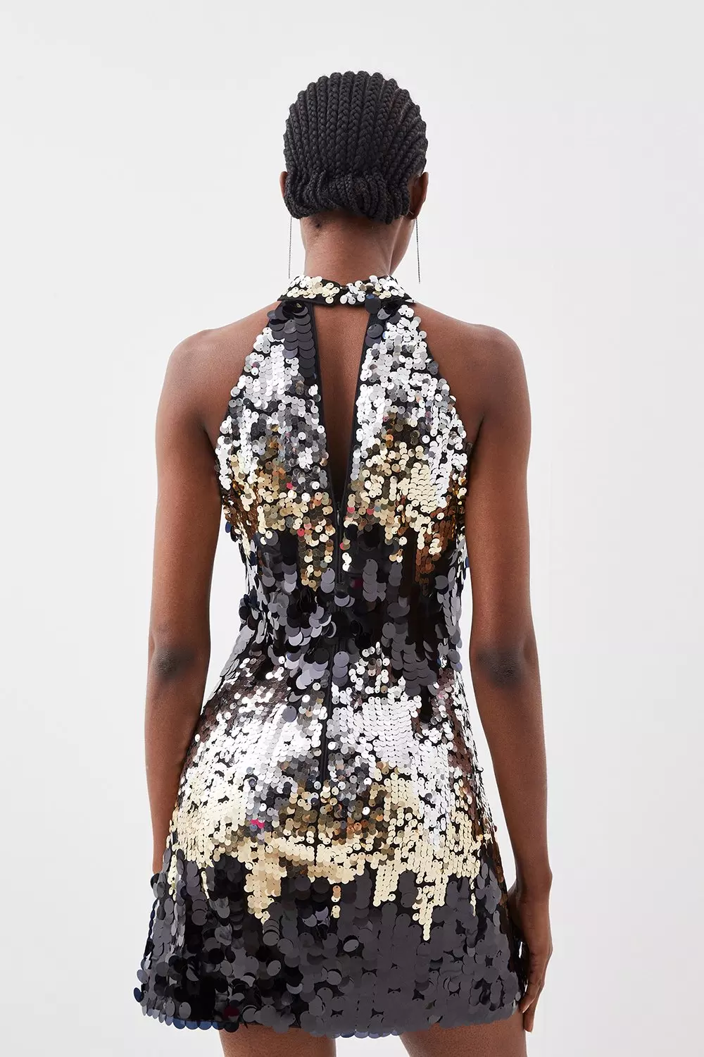 Sequin Halter Neck Open Back Mini Shift Dress