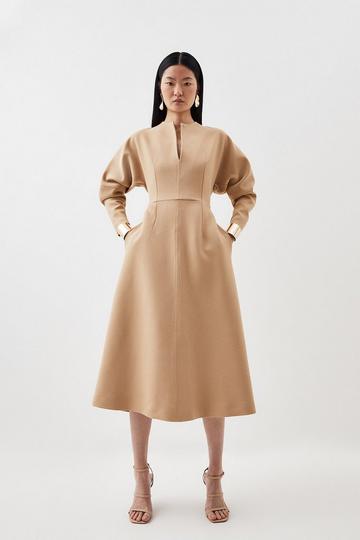 Petite Tailored Structured Crepe Keyhole Rounded A Line Midaxi Dress camel