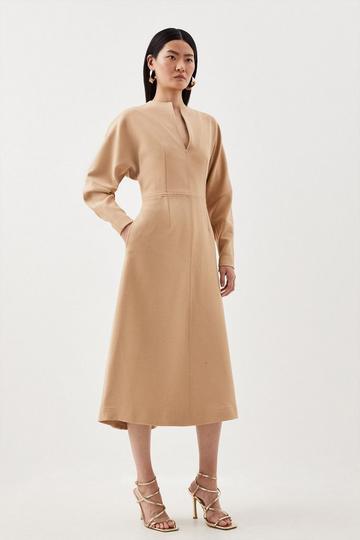 Structured Crepe Tailored Keyhole Rounded A Line Midaxi Dress camel