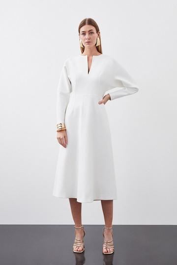 Ivory White Structured Crepe Tailored Keyhole Rounded A Line Midaxi Dress