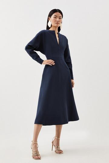 Navy Structured Crepe Tailored Keyhole Rounded A Line Midaxi Dress