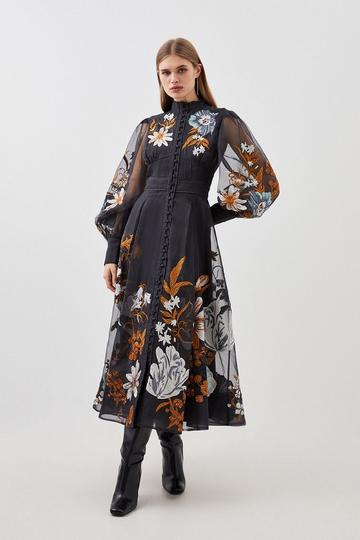 Petite Premium Embroidered Beaded Organdie Woven Maxi Dress black