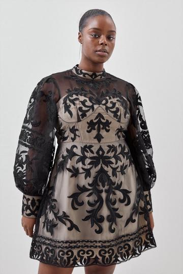 Black Plus Size Baroque Applique Woven Mini Dress