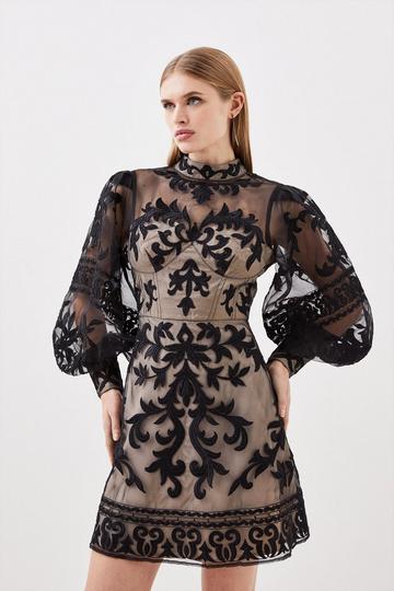 Baroque Applique Woven Mini Dress black