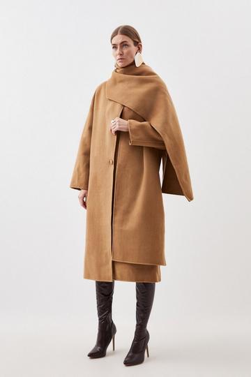 Tailored Double Faced Wool Scarf Neck Midi Coat camel