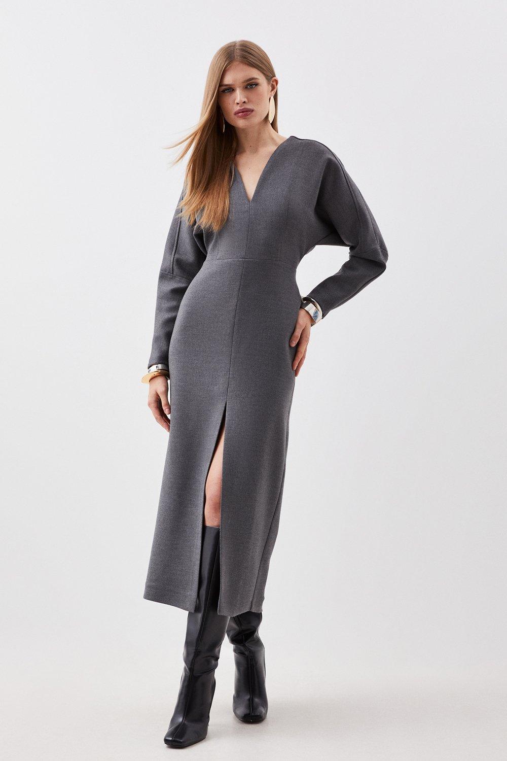 Tailored V Neck Maxi Dress - Grey Marl