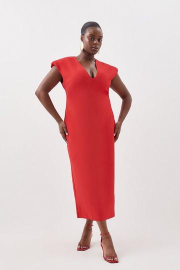 Red Plus Size Figure Form Bandage Knit Shoulder Detail Midaxi Dress