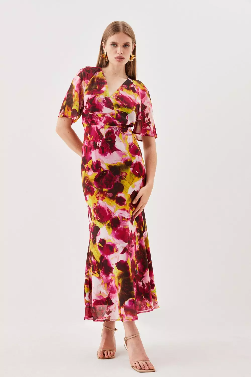 Abstract Print Pleated Wide Sleeve Woven Maxi Dress | Karen Millen