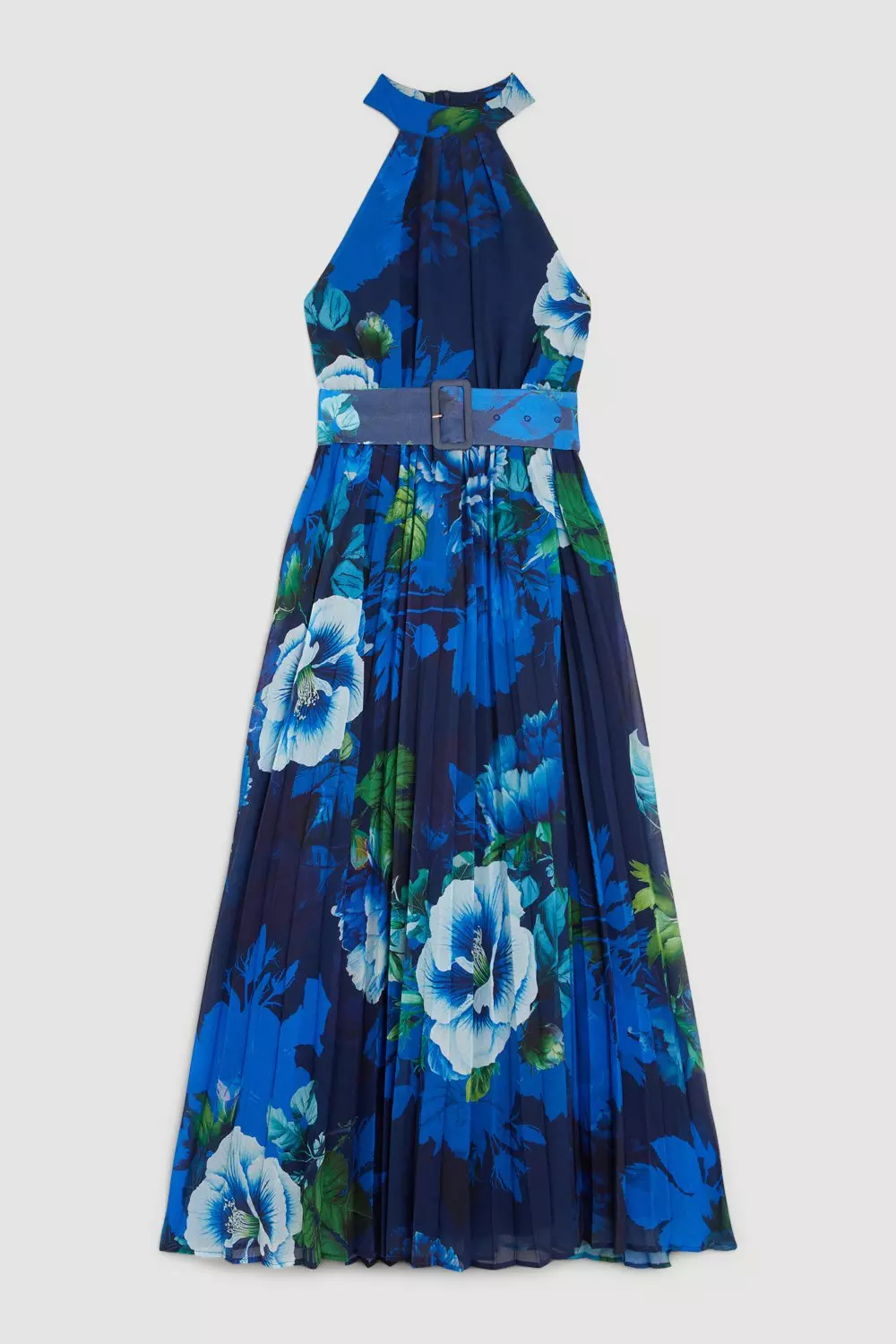 Printed Chiffon Pleated Maxi Dress - Blue