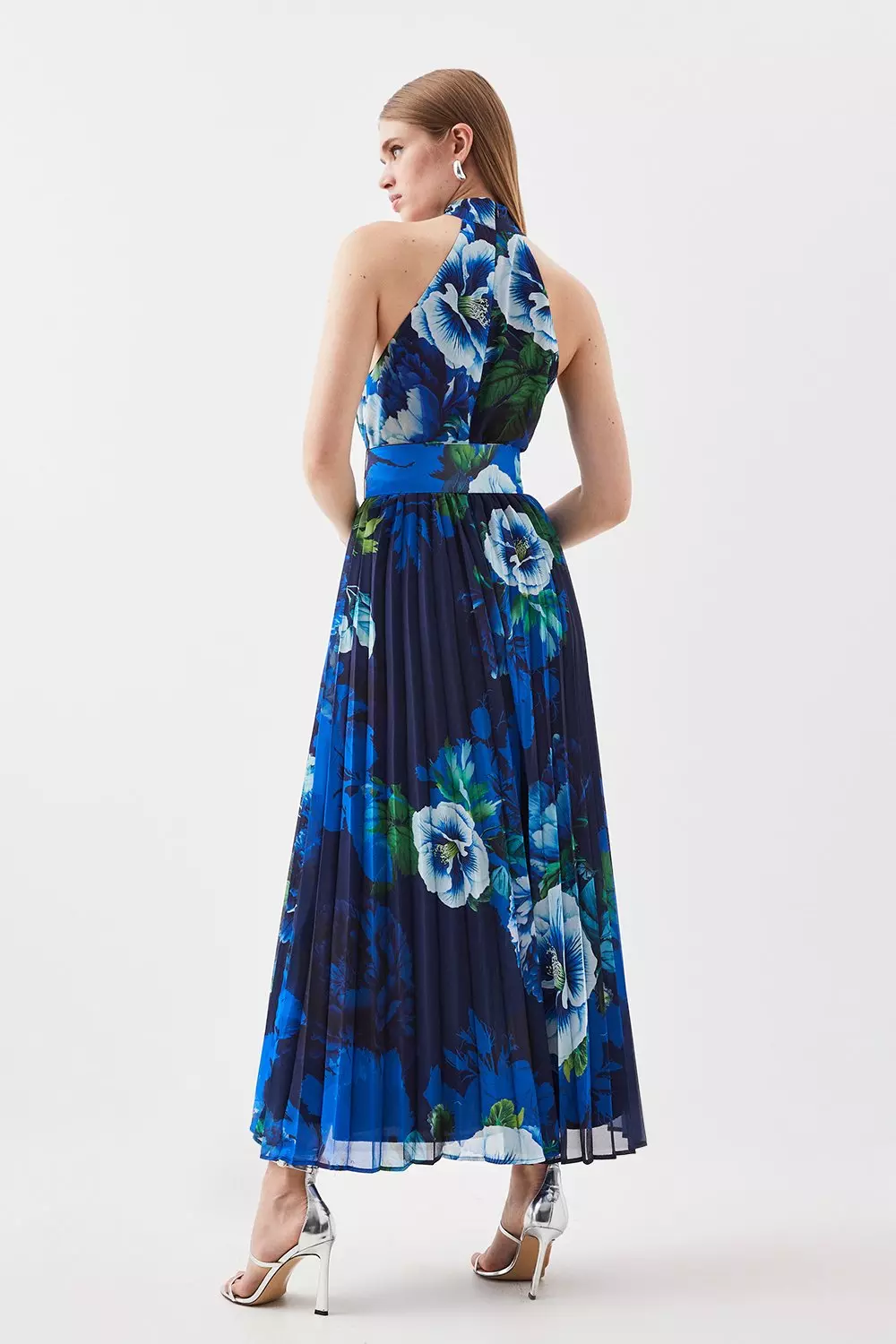 Print Mesh High Neck Midi Dress in Bleu Fleur