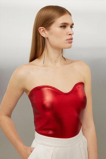 Red Figure Form Foiled Bandage Knit Bandeau Top