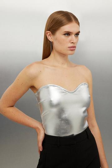 Silver Figure Form Foiled Bandage Knit Tube Top