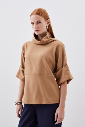Tailored Double Faced Wool Blend Mock Neck Top camel