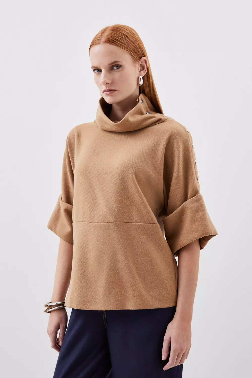 Tailored Double Faced Wool Blend Mock Neck Top