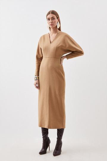 Tailored Wool Blend Rounded Sleeve Double Faced Midi Dress camel