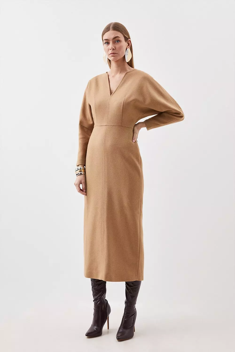 Tailored Wool Blend Rounded Sleeve Double Faced Midi Dress