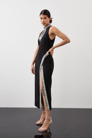 Crystal Embellished Woven Thigh Split Midi Dress black