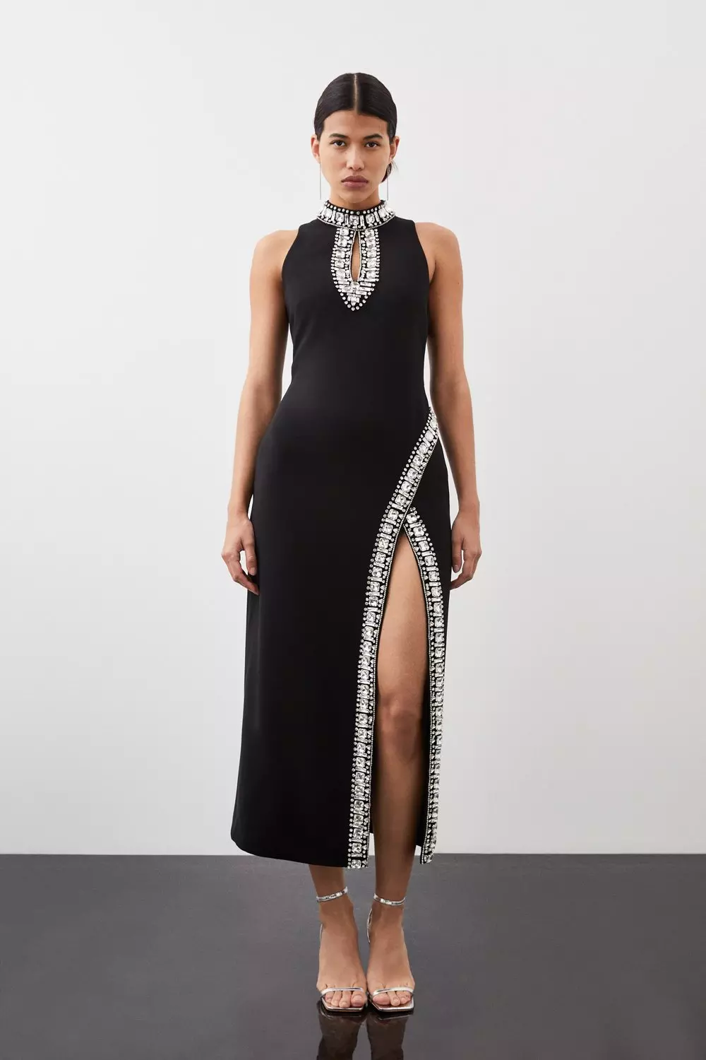 Crystal Embellished Woven Thigh Split Midi Dress | Karen Millen