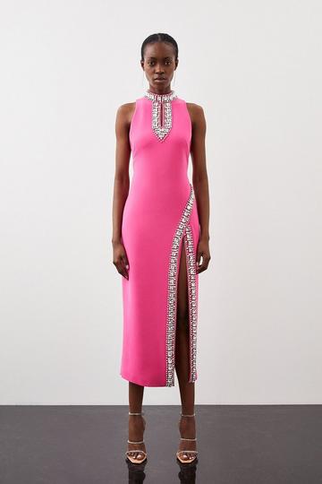 Pink Crystal Embellished Woven Thigh Split Midi Dress