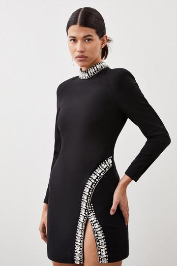 Black Petite Crystal Embellished Woven Long Sleeve Mini Dress