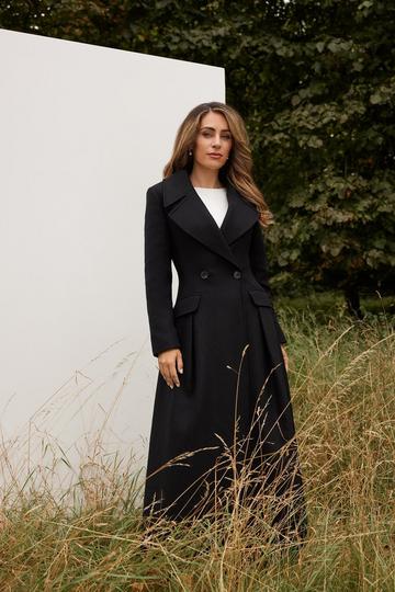 Black Italian Wool Blend Tailored Flared Skirt Midaxi Coat