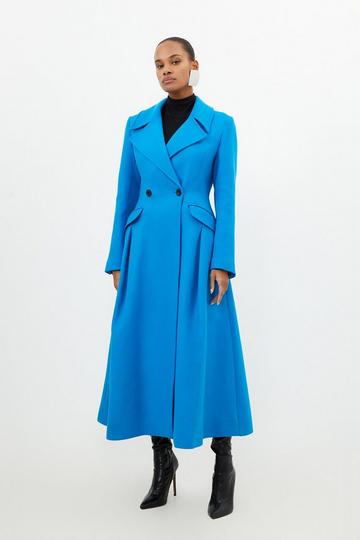 Blue Italian Wool Blend Tailored Flared Skirt Midaxi Coat