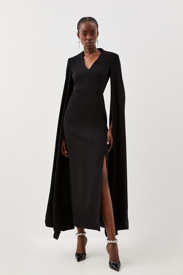 Black Tailored Compact Stretch Viscose Cape Sleeve Midi Pencil Dress