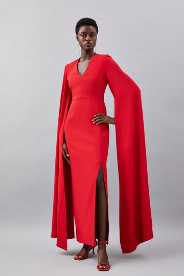 Red Tailored Compact Stretch Viscose Cape Sleeve Midi Pencil Dress
