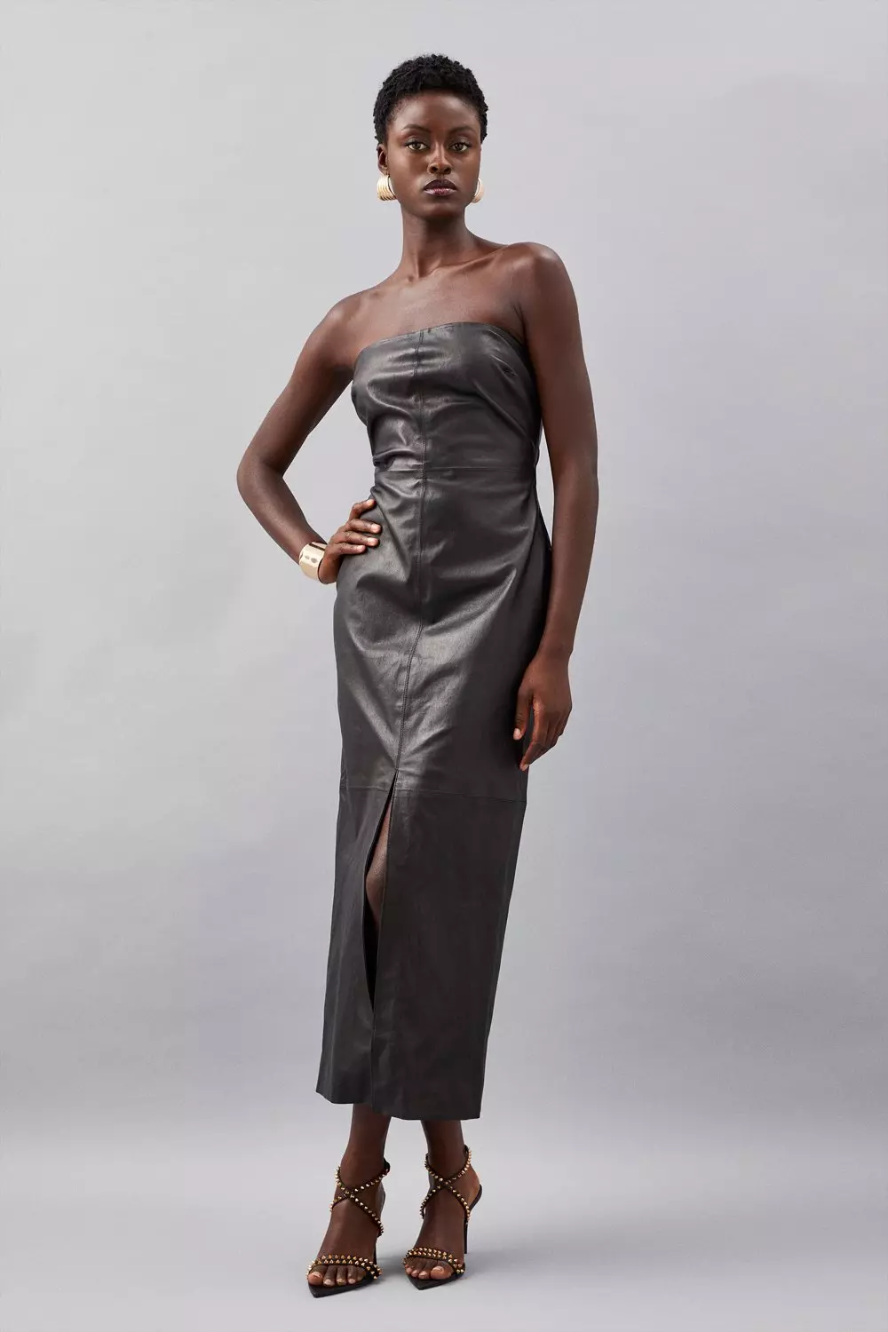 Leather Feather Detail Bandeau Pencil Midi Dress